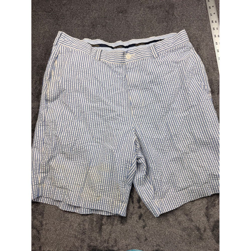 Brooks Brothers 346 Mens Seersucker Shorts Blue White Striped Size 35 Flat Front
